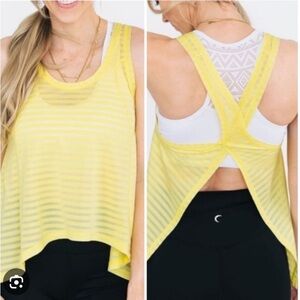 Zyia Active Nimbus Split Back Tank Top Yellow Open Back Sheer Stripe Small